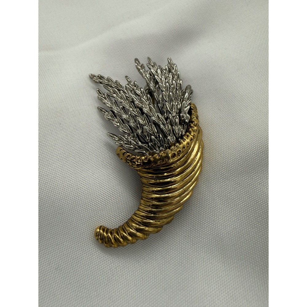 Vintage Two Tone Cornucopia Brooch‎ Gold Silver Mixed Metal Harvest Wheat Pin